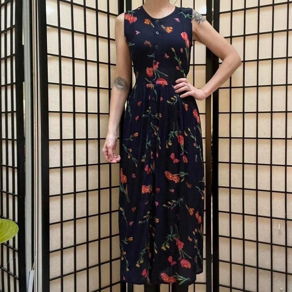 Navy Blue Maxi Floral Button Down‎ Dress 24 Karat VTG y2k One Size